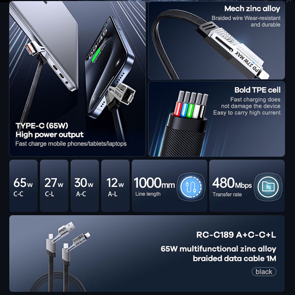Remax Rc-c189 65w 4 In 1 Multi Functional Data Cable Black - 3