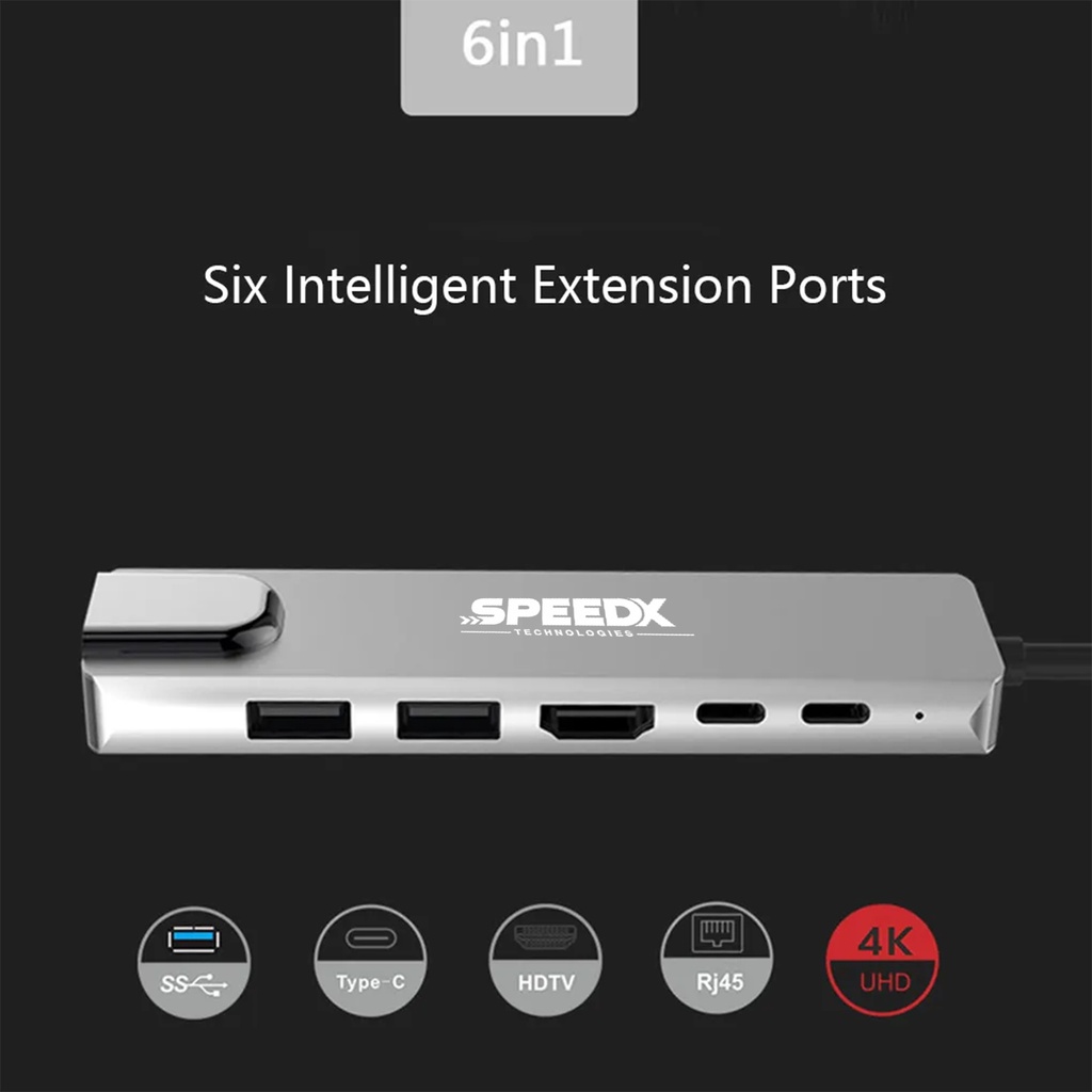 Speed-x (sp-tc601) 6 In 1 Multi-port Type C 4k Hdmi Usb 3.0 Converter Good Ic Big Packing - 2