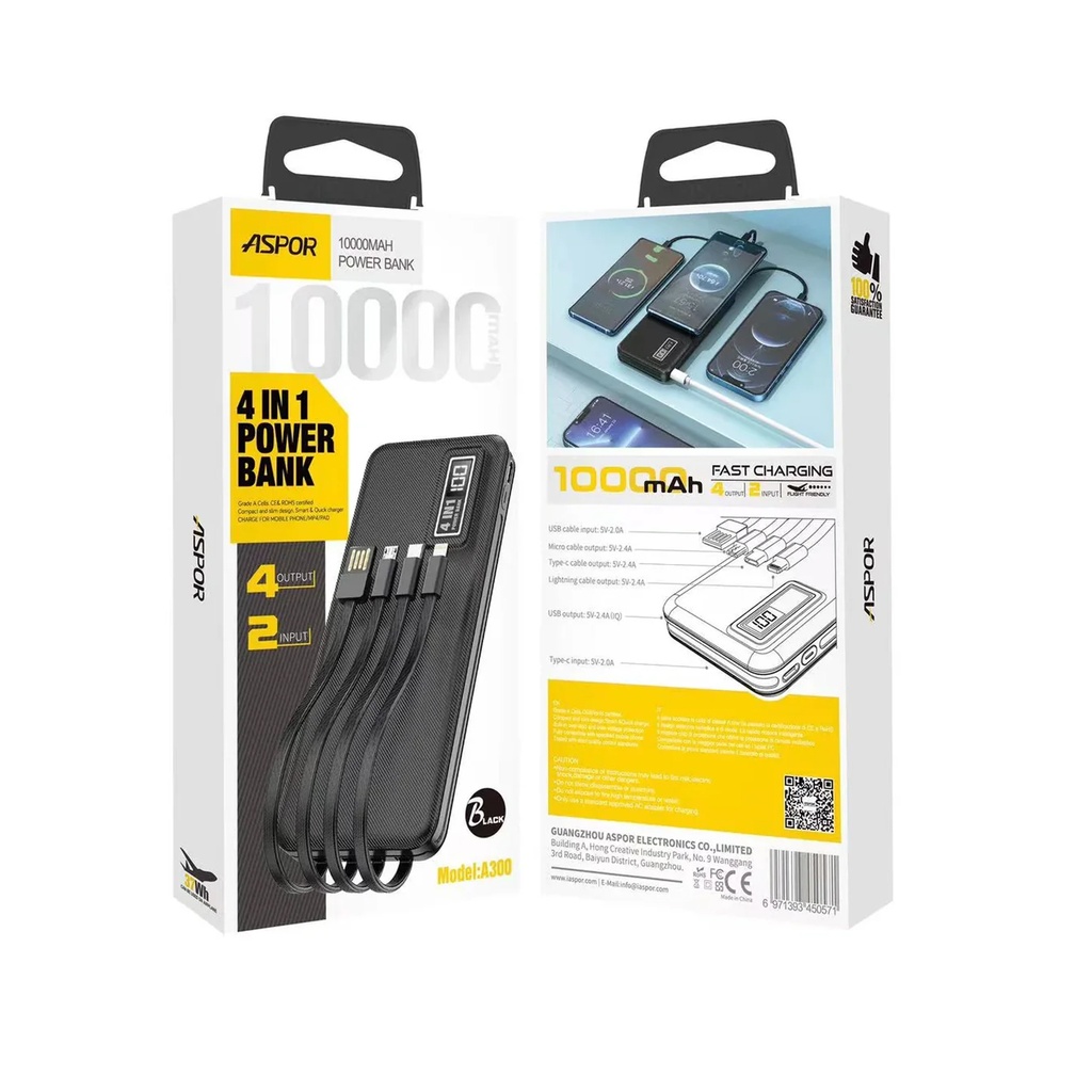 Aspor A300 Power Bank Original 10000mah Li-polymer Battery 4 In1 Power Bank Black - 4