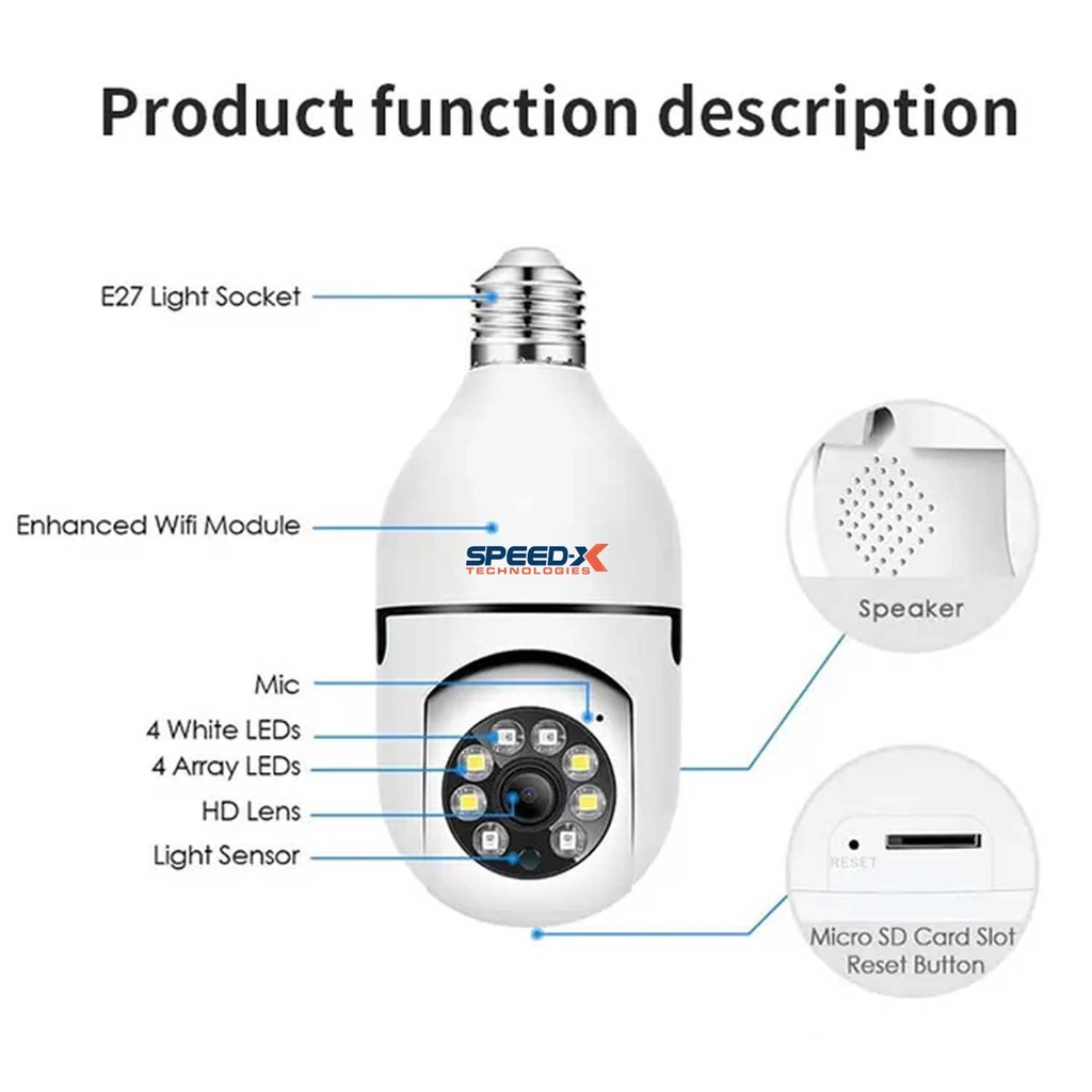 Speed-x Sp-e27 Bulb Camera 1080p Wifi 360 Degree Panoramic Night Vision Two-way Audio Motion Detection With V380pro App - 4