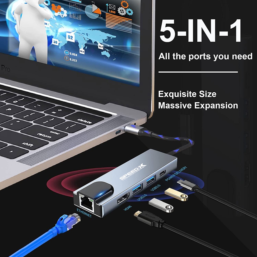 Speedx (sp-tc501) 5 In 1 Multi-port Type C 4k Hdmi Usb 3.0 Converter Good Ic Big Packing - 2
