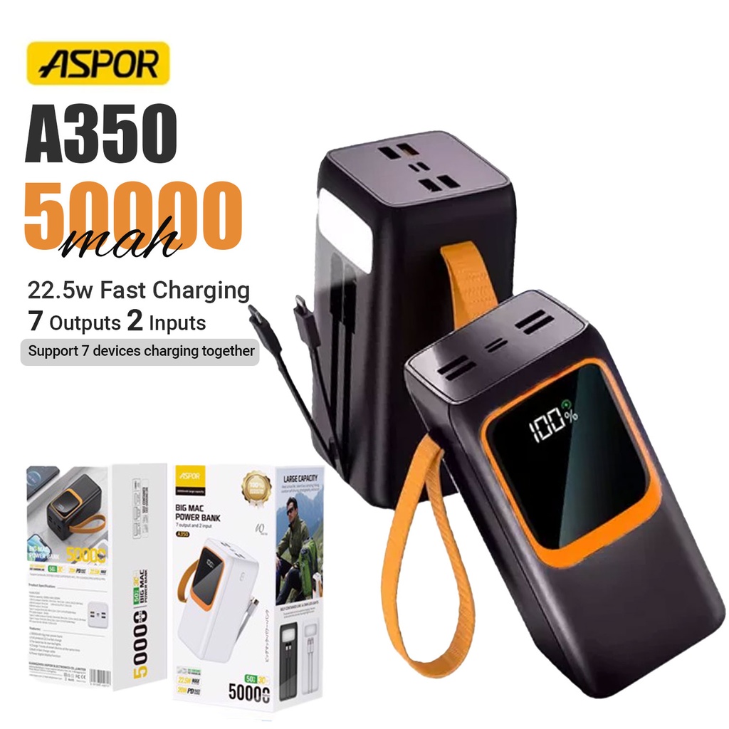 Aspor A350 22.5w 50000mah Fast Charging Type-c Micro Ios 7 Output With Built-in Flashlight Power Bank - 4