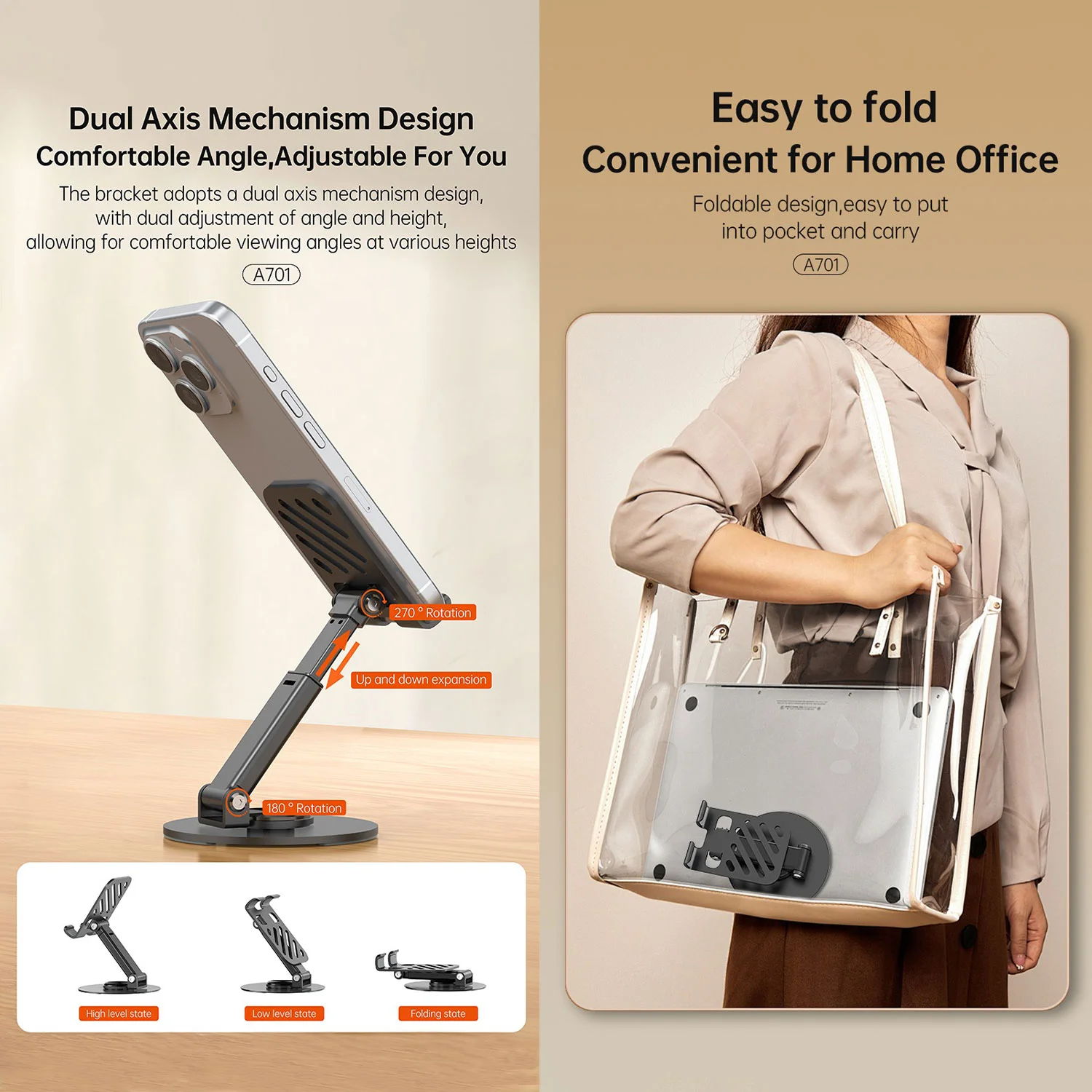 Aspor A701 Foldable Desktop Mobile Phone & Tablet Stand - 3