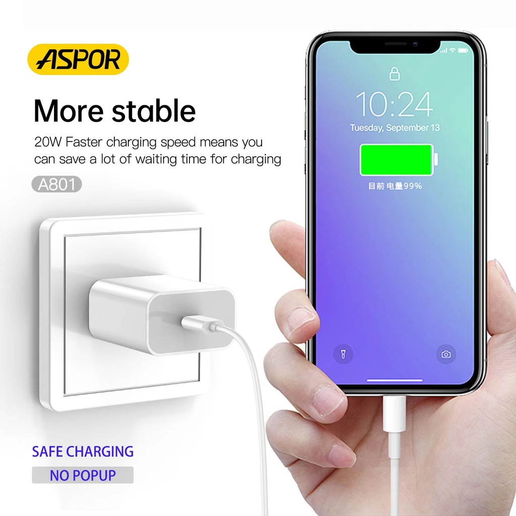 Aspor A801 New 20w Us Pin Usb-c Fast Charging Qc 3.0 White - 2