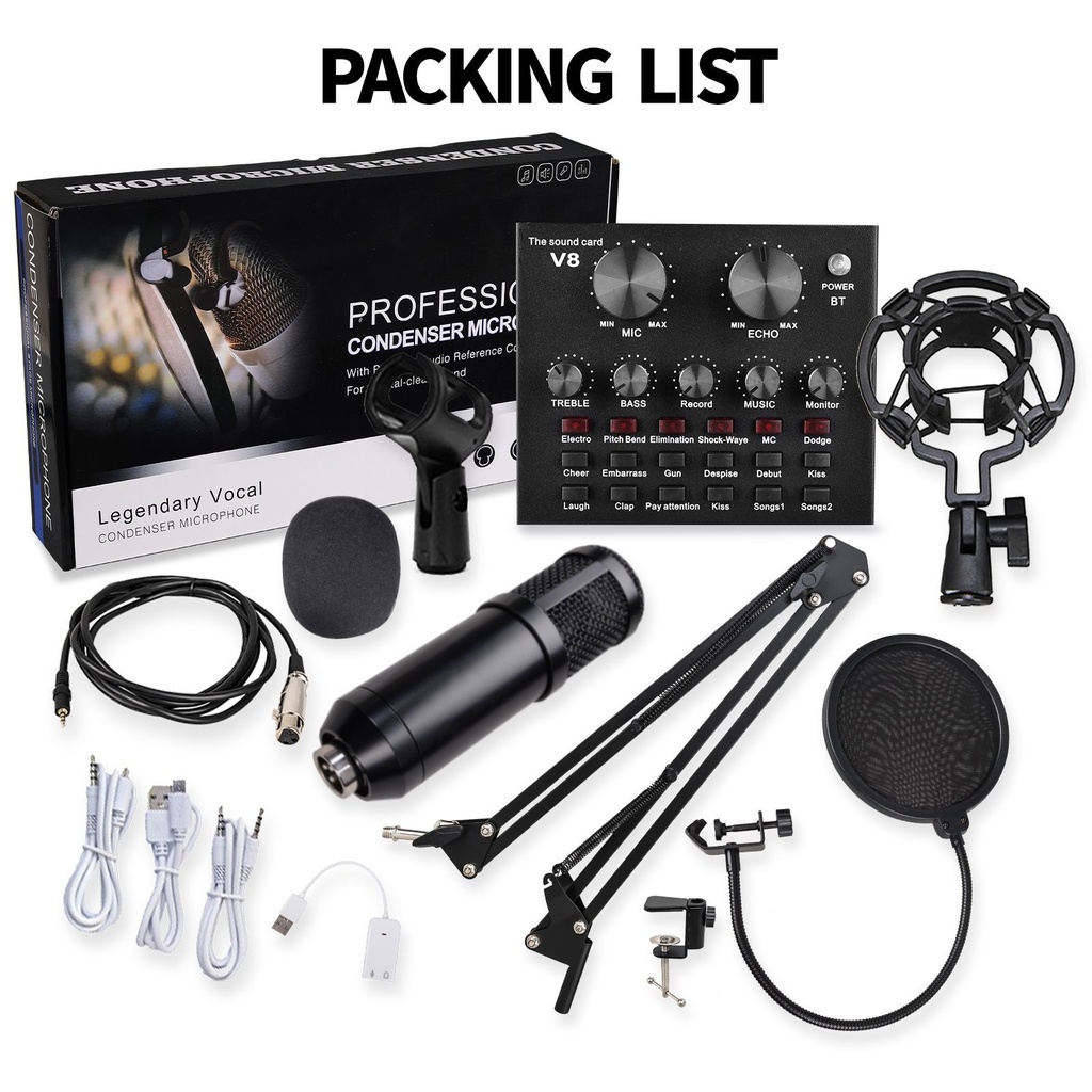 V10 Bm-800 Podcast Condenser Microphone Set With Live Sound Card, Rechargeable 12 Kinds Of Auxiliary Background For Karaoke Singing, Youtube Recording - 3
