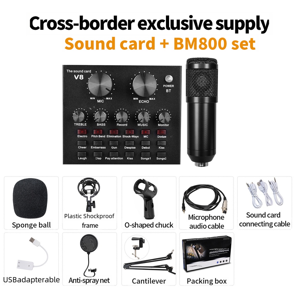 V10 Bm-800 Podcast Condenser Microphone Set With Live Sound Card, Rechargeable 12 Kinds Of Auxiliary Background For Karaoke Singing, Youtube Recording - 4
