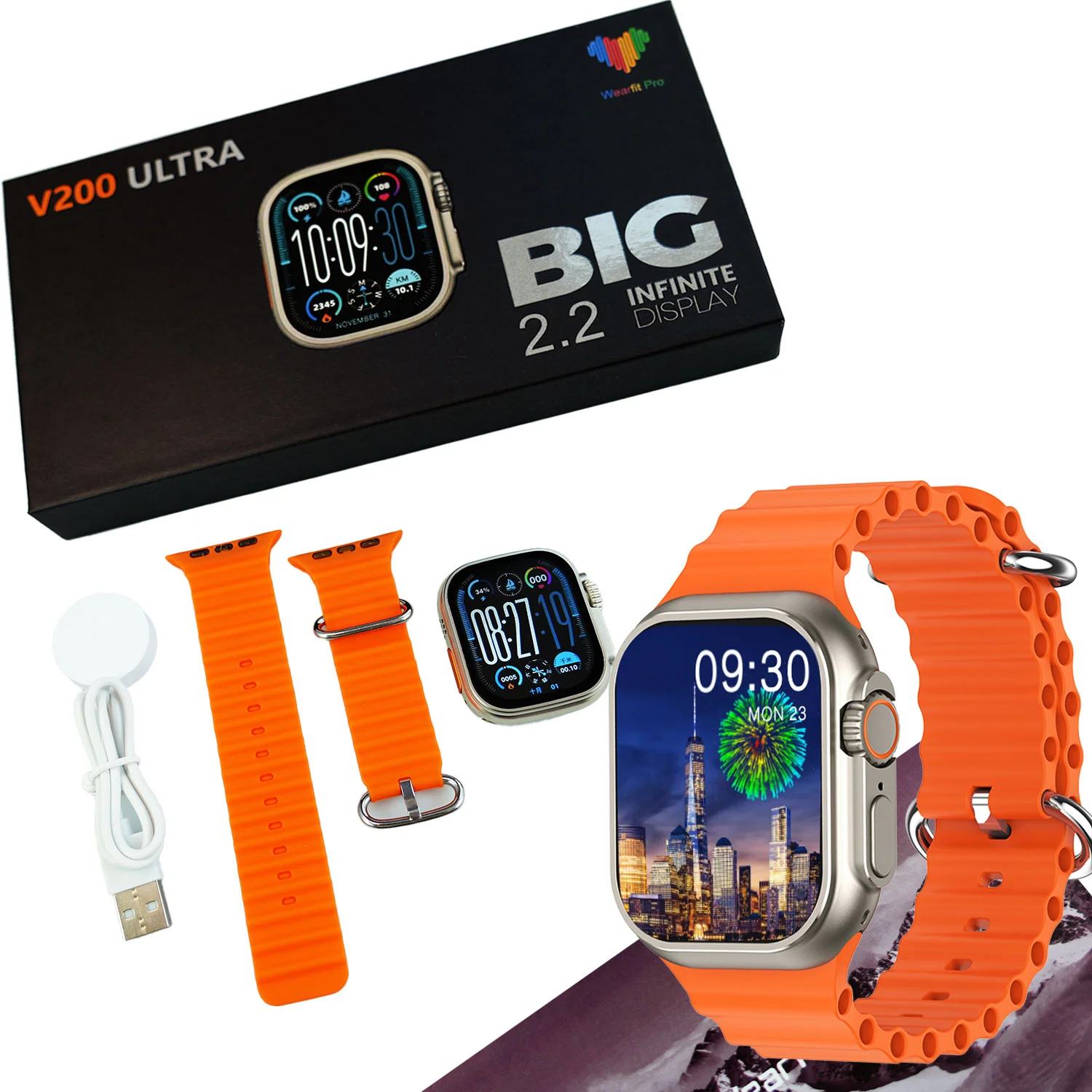 V200 New Fashion Ultra 2.2 Large Screen Ip68 Waterproof Sport Smart Watch With Wearfit Pro App Orange - 4