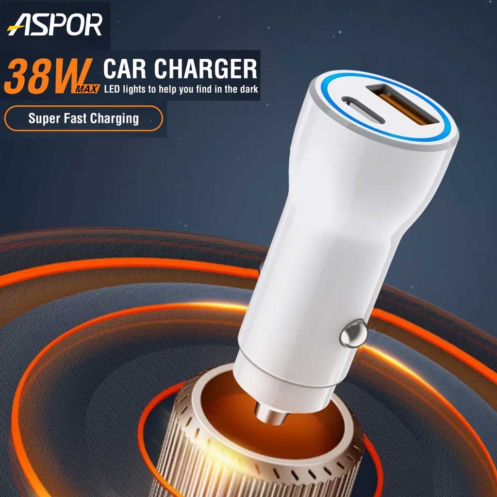Aspor A910 Fast Car Charger Qc 3.0 Dual Aluminum Metal 38w Pd Portable - 2