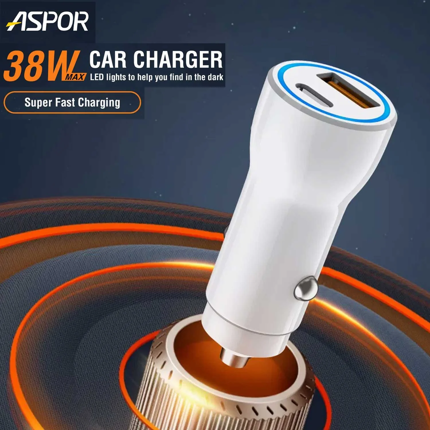 Aspor A910 Fast Car Charger Qc 3.0 Dual Aluminum Metal 38w Pd Portable - 2