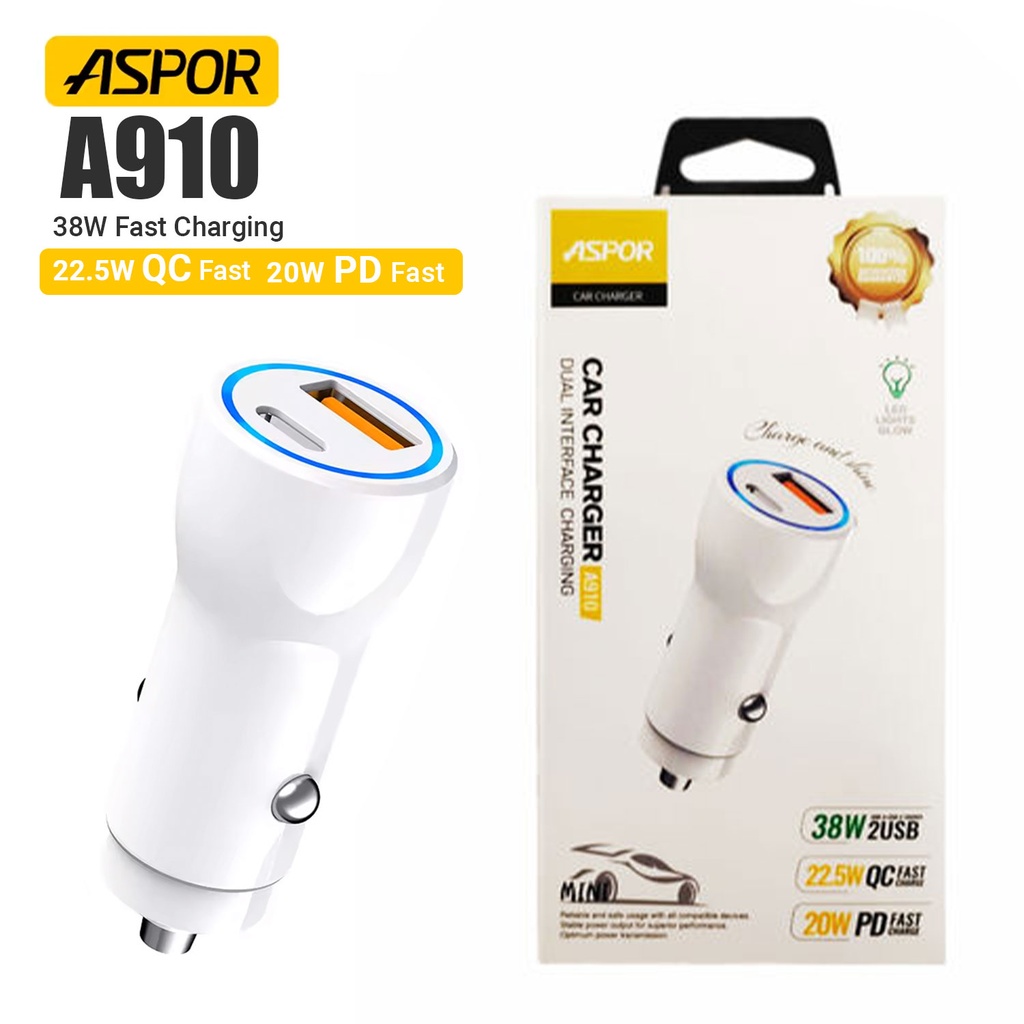 Aspor A910 Fast Car Charger Qc 3.0 Dual Aluminum Metal 38w Pd Portable - 4