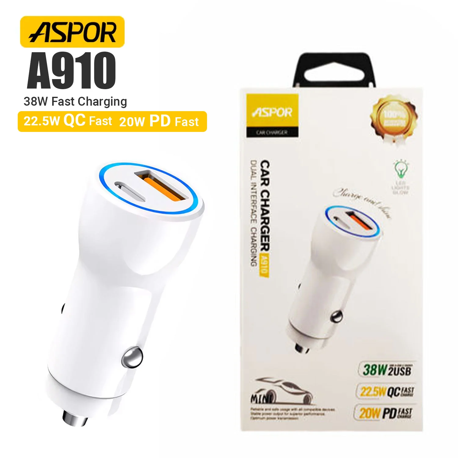 Aspor A910 Fast Car Charger Qc 3.0 Dual Aluminum Metal 38w Pd Portable - 4