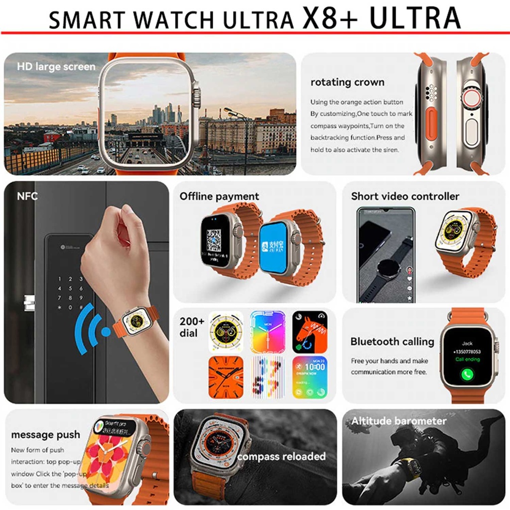 X8 Plus Ultra Smart Watch Series 8 Nfc 2.08 Inch Always-on Display & Wireless Charging 49mm With Wearfit Pro App Orange - 2