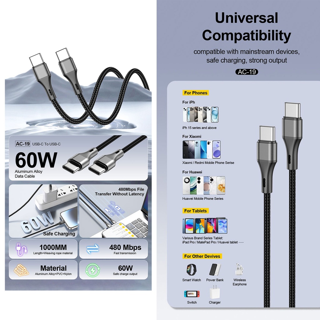 Aspor Ac-19 60w Type-c To Type-c Fast Charging Data Cable 1m - 3
