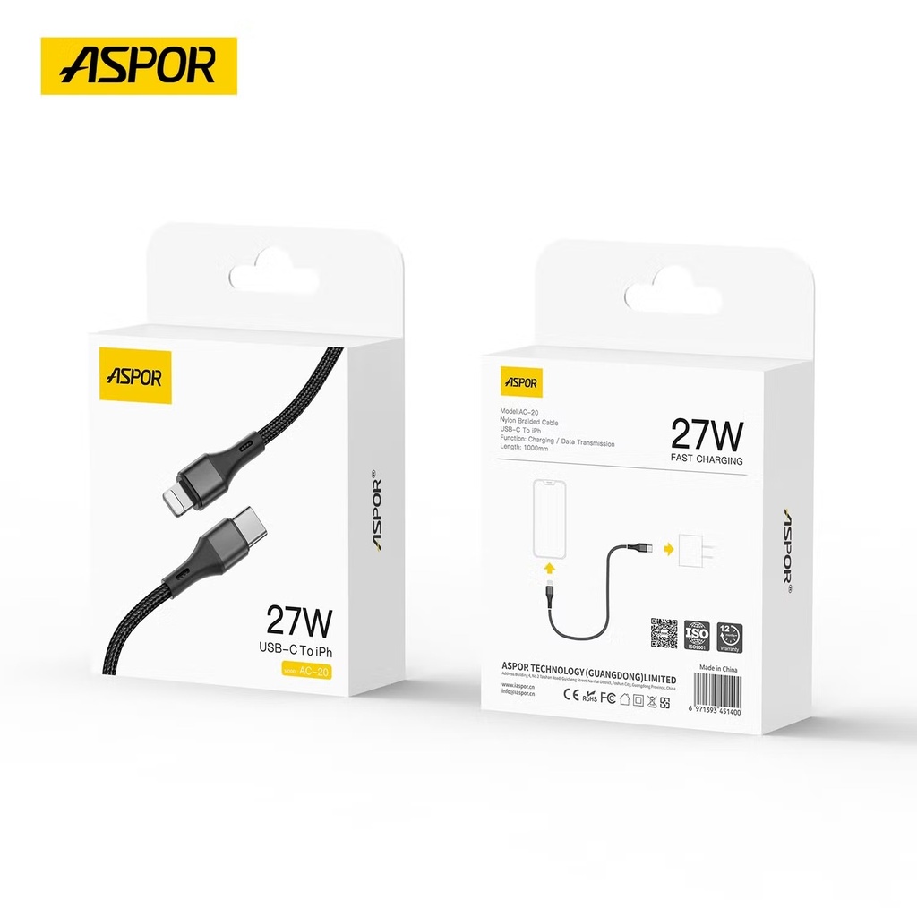 Aspor Ac-20 27w Type-c To Lightning Fast Charging Nylon Braided Data Cable 1.2m - 4
