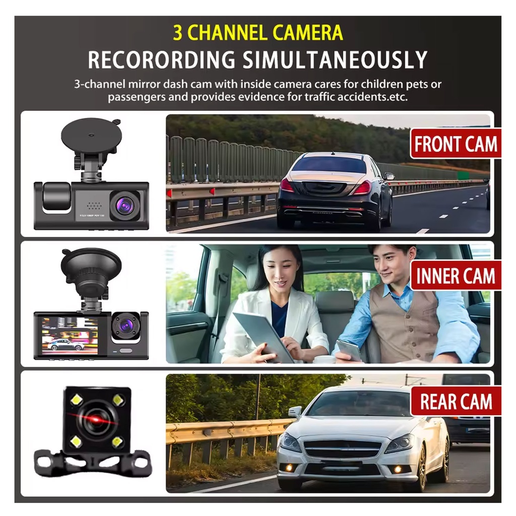 Y16 3 Channel Dash Cam Hd 1080p (170° Ultra-wide-angle A+ Lens) Front Rear Video - 3