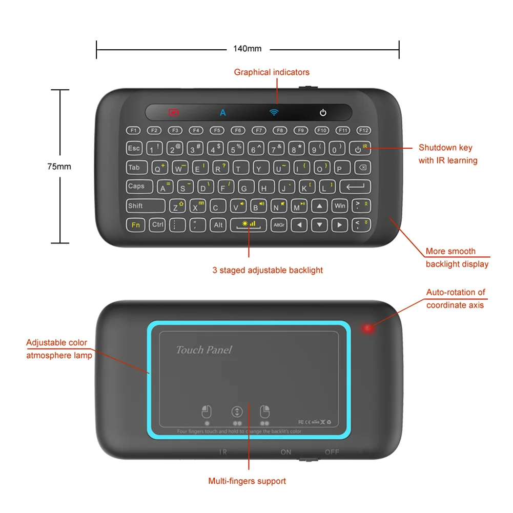 H20 Universal Mini Backlight Touchpad Wireless Keyboard Air Mouse Controller - 3