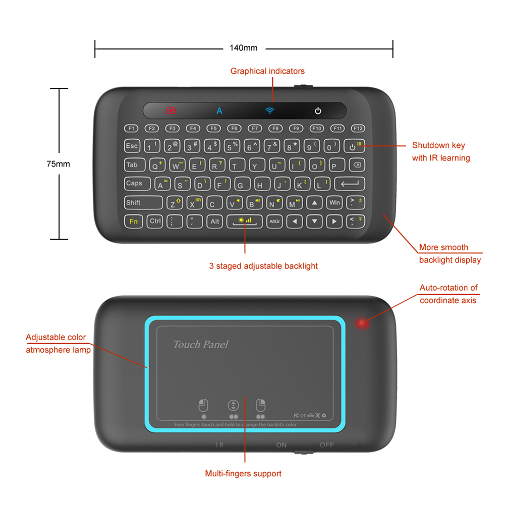 H20 Universal Mini Backlight Touchpad Wireless Keyboard Air Mouse Controller - 3