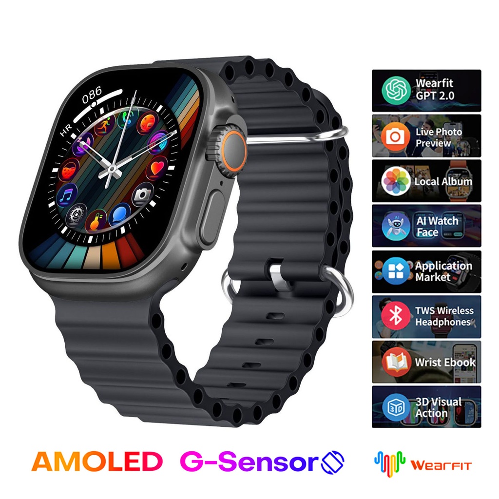 Hk10 Ultra 3 2.02 Amoled Display G-sensor Ai Features With Wearfit Pro App 2 Straps Black - 2