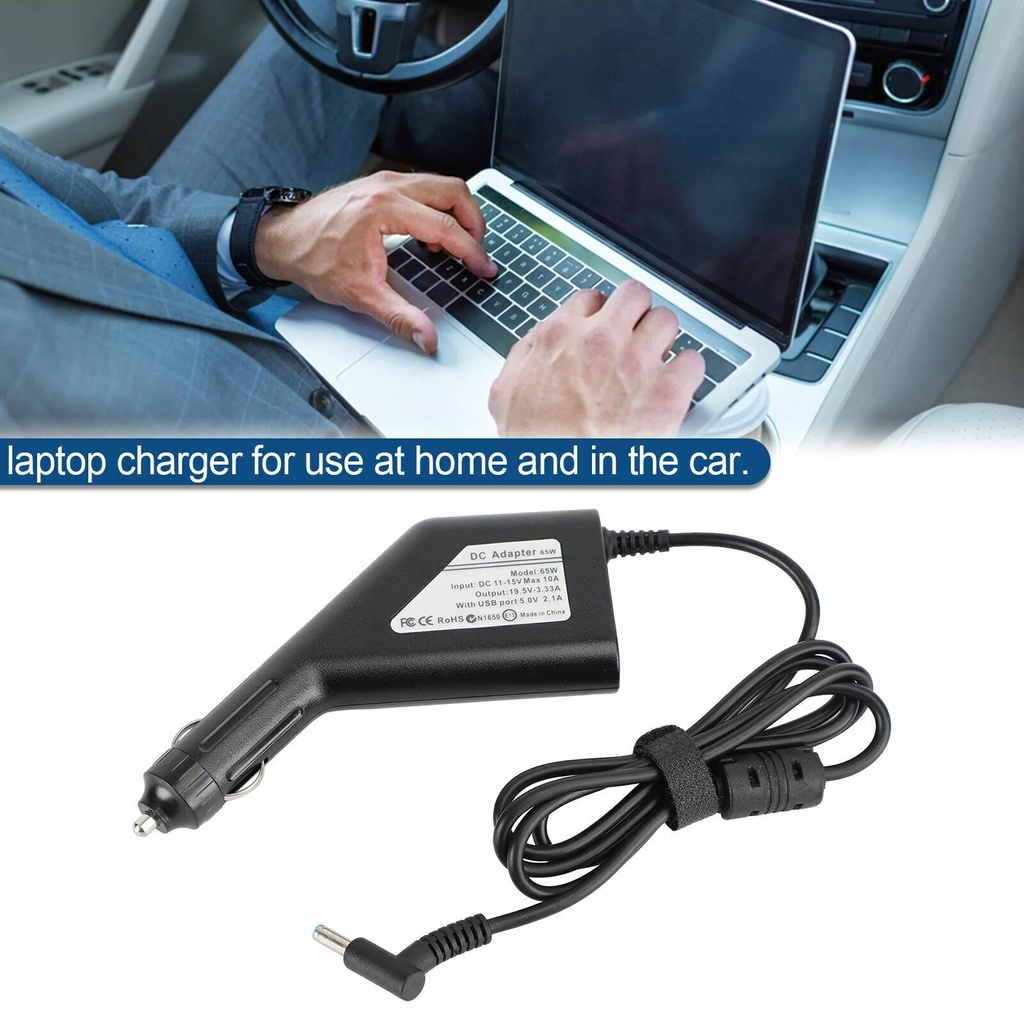 65w Hp Laptop Car Charger 4.5x3.0mm 19.5v 3.33a Blue Pin With Usb Port - 2