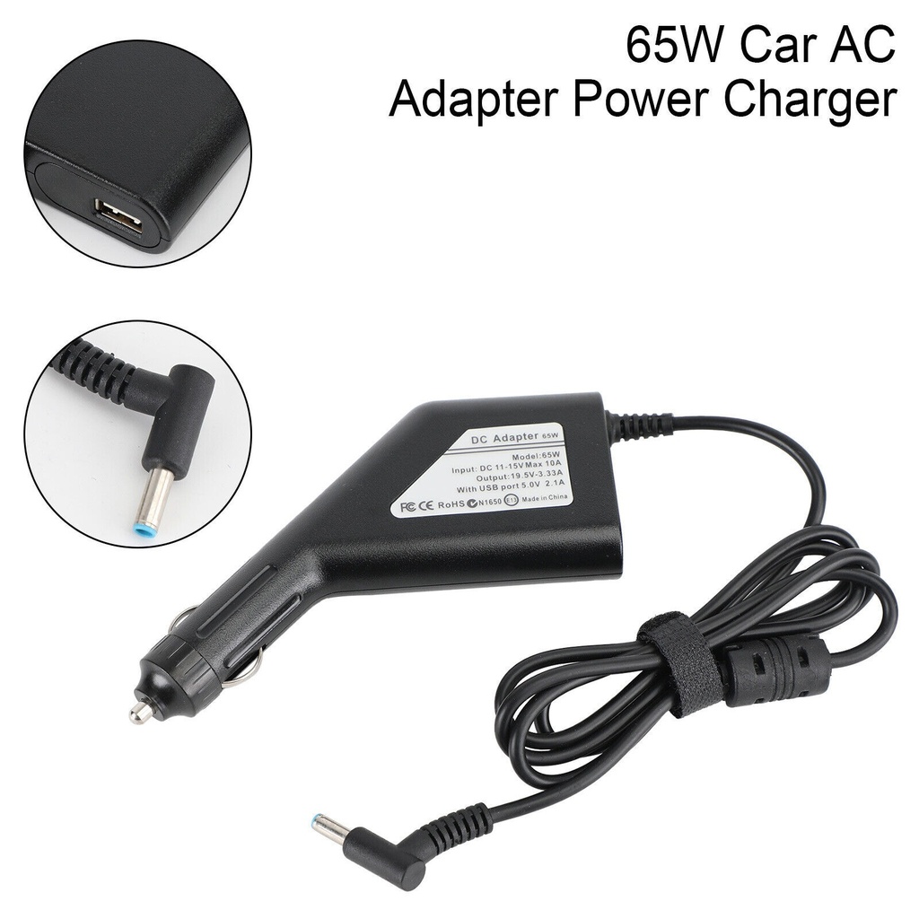 65w Hp Laptop Car Charger 4.5x3.0mm 19.5v 3.33a Blue Pin With Usb Port - 4