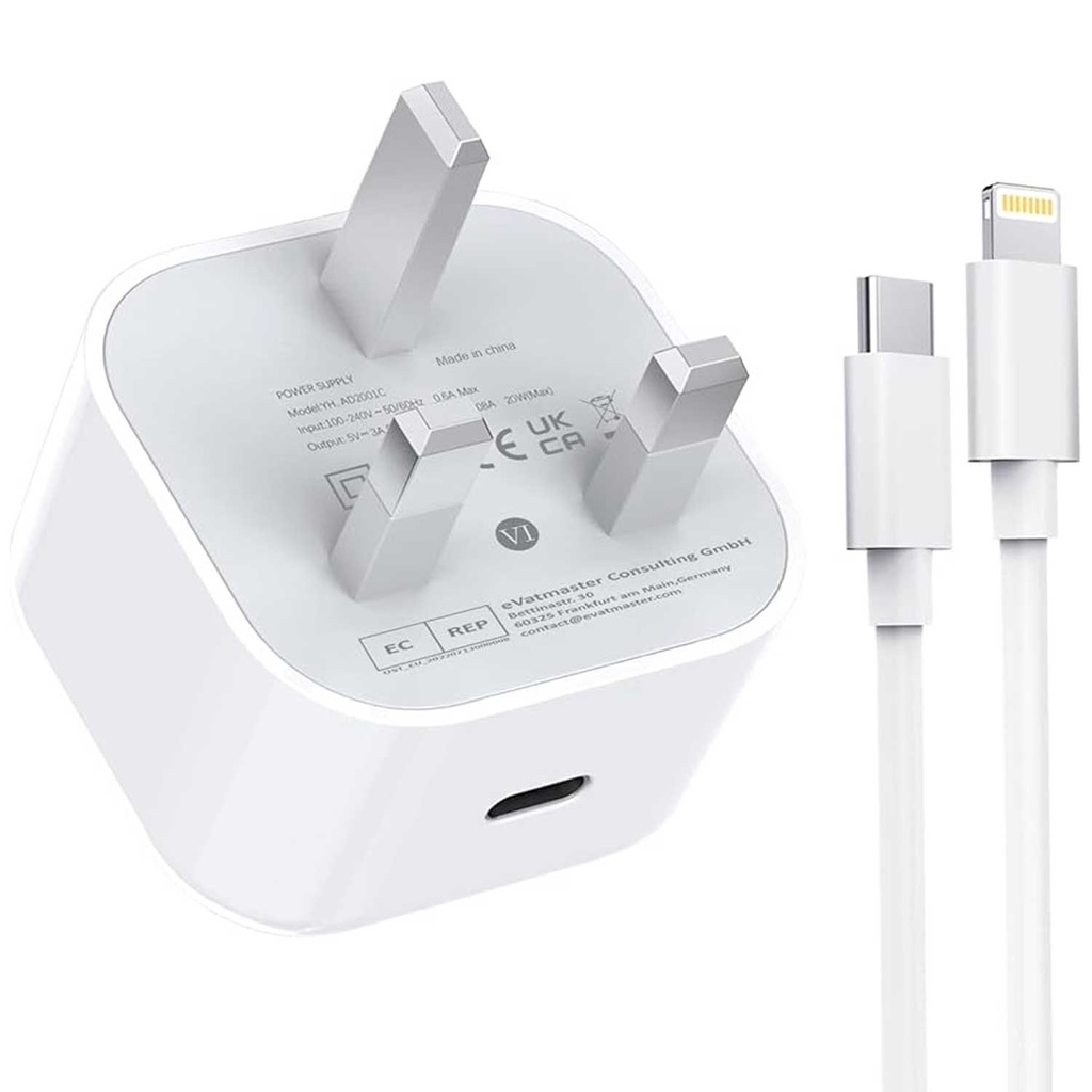 Iphone Usb-c Pd 20w Power Adapter Charger 3 Pin Uk Pin) With Cable - 3
