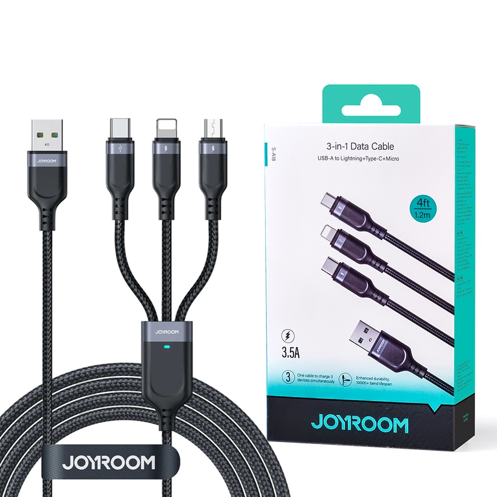 Joyroom S-1t3018a18 Multi-use 3.5a Usb-a To Lightning+type-c+micro 3-in-1 Data Cable1 2m-black - 4