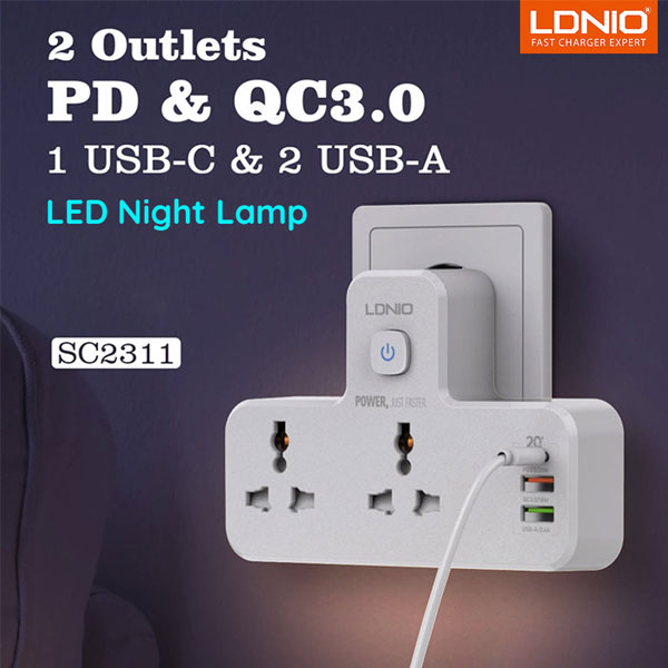 Ldnio Sc2311 20w Pd Fast Charging 2500w Power Extension Touch Night Lamp 2 Sockets 1 Usb-c +2 Usb-a - 3