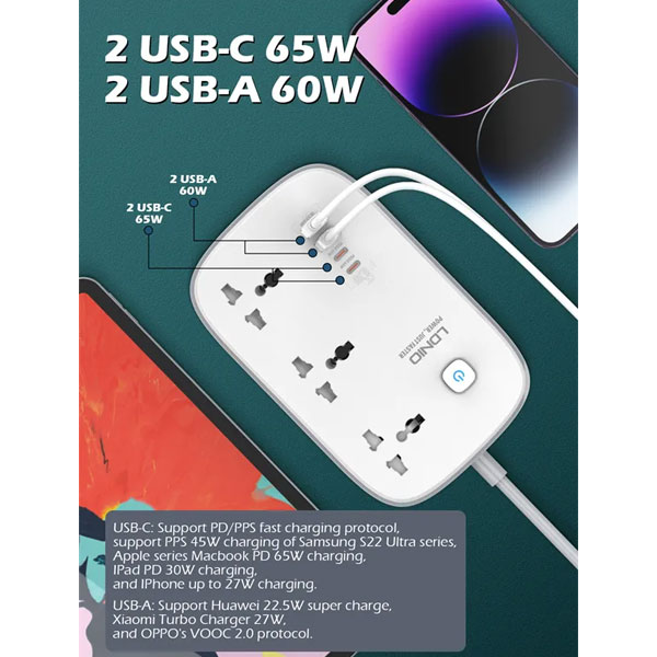 Ldnio Sc3416 65w Gan Fast Charging 3250w Power Extension 3 Sockets 2 Usb-c + 2 Usb-a - 2