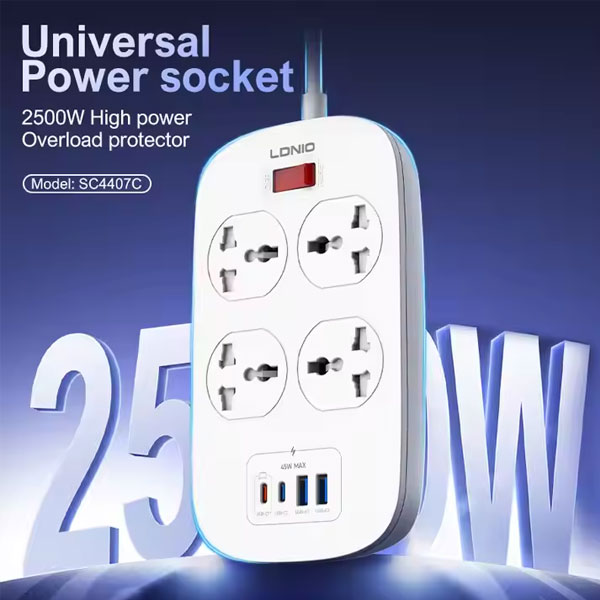 Ldnio Sc4407c 2500w Power Extension 4 Sockets 2 Usb-a + 2 Usb-c 2m - 2