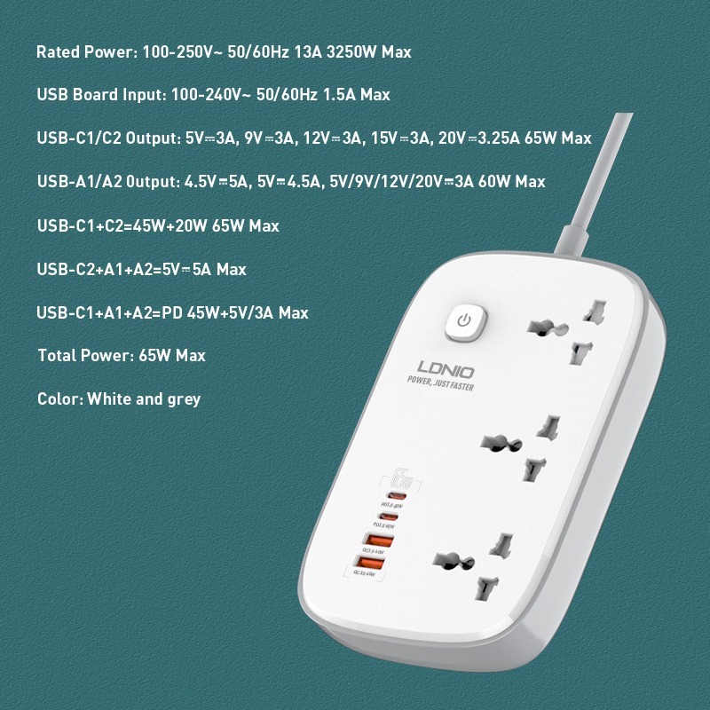 Ldnio Sc6 45w Gan Fast Charging 3250w Power Extension 3 Sockets 2 Usb-a + 2 Usb-c 2m - 3