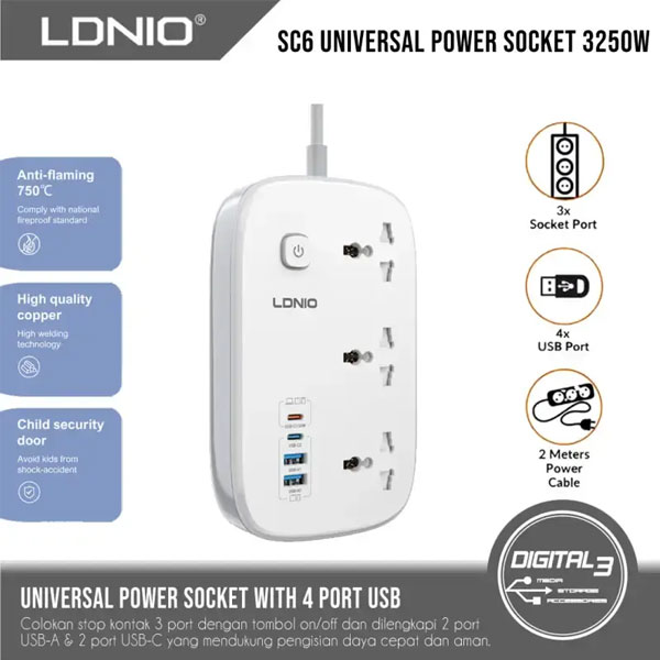 Ldnio Sc6 45w Gan Fast Charging 3250w Power Extension 3 Sockets 2 Usb-a + 2 Usb-c 2m - 4