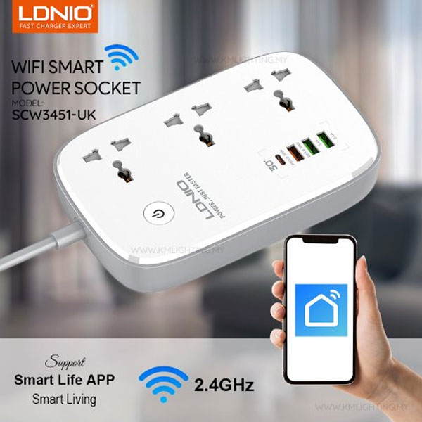 Ldnio Scw3451 2500w Wifi Smart Power Extension 3 Sockets 1 Usb-c + 3 Usb-a - 3