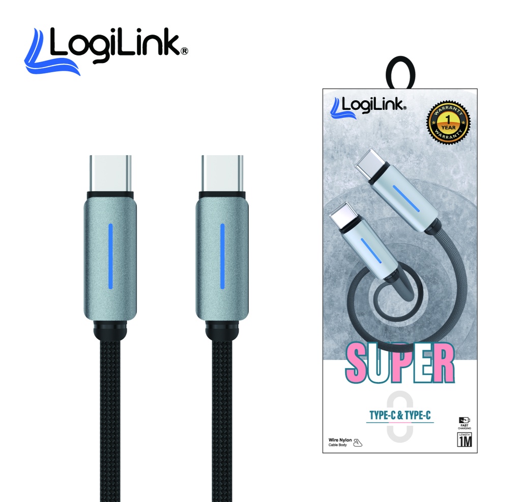 Logilink Type C To Type C Nylon Fast Charging Data Cable With Ligh1m (1 Year Warranty) Black - 2