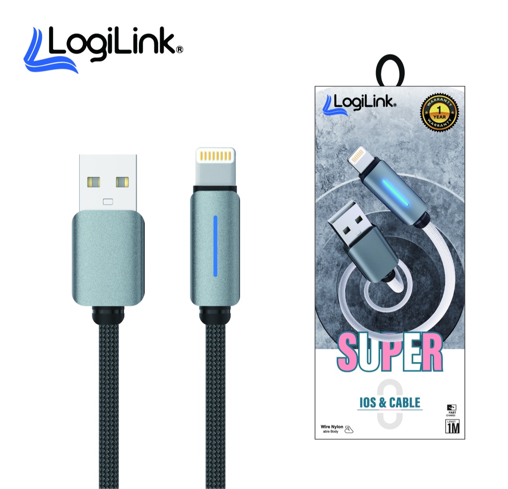 Logilink Usb To Lightning Nylon Fast Charging Data Cable With Light 1m (1 Year Warranty) Grey - 2