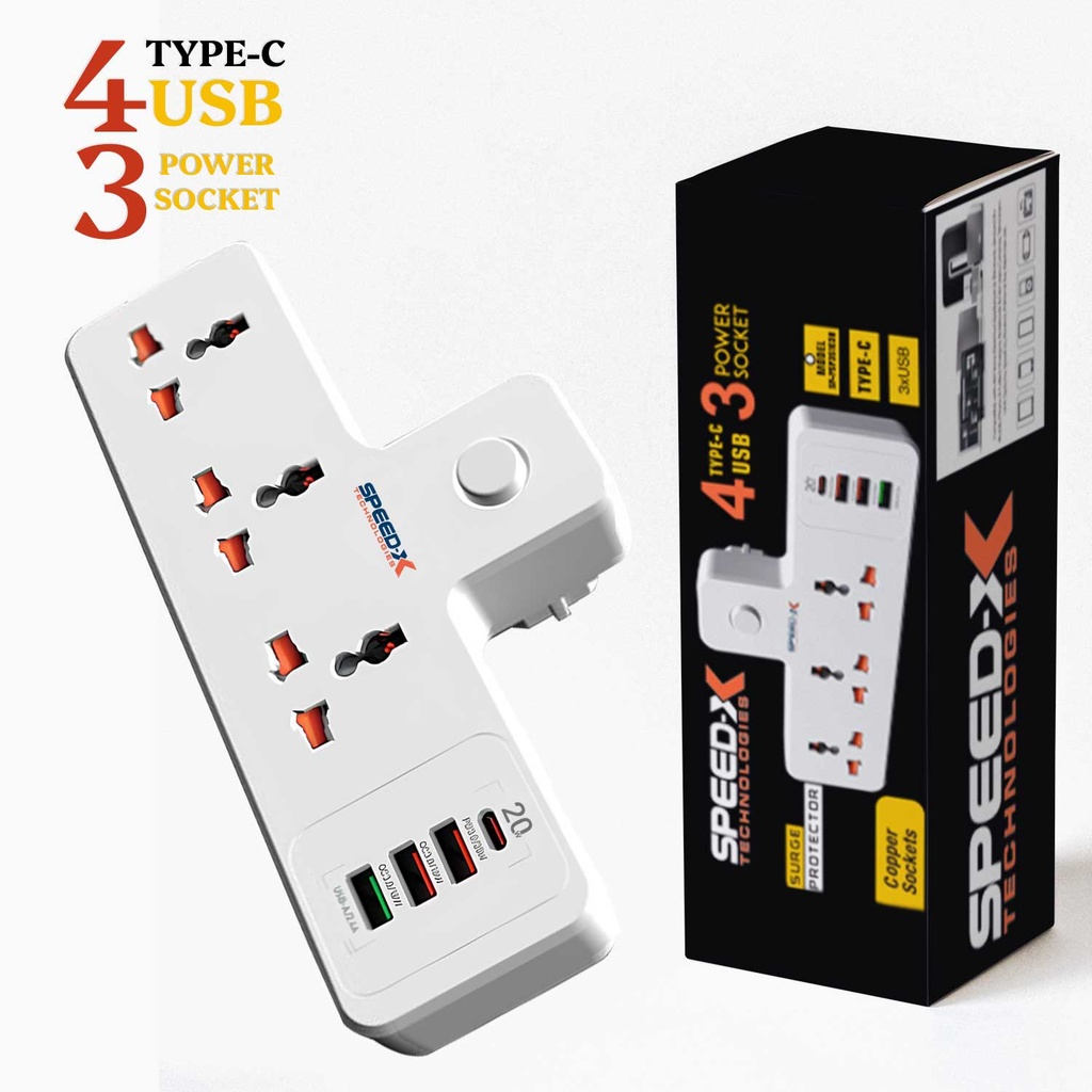 New 304puc Speed-x Premium Portable Power Strip 3socket+3usb+1type-c Port - 4