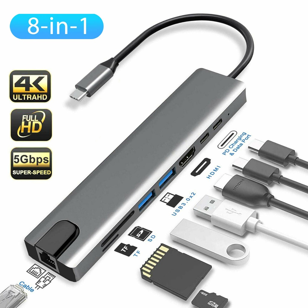 8 IN1 MULTI-PORT TYPE C TO USB C 4K HDMI ADAPTER USB 3.0 NETFLIX & YOUTUBE SUPPORTED