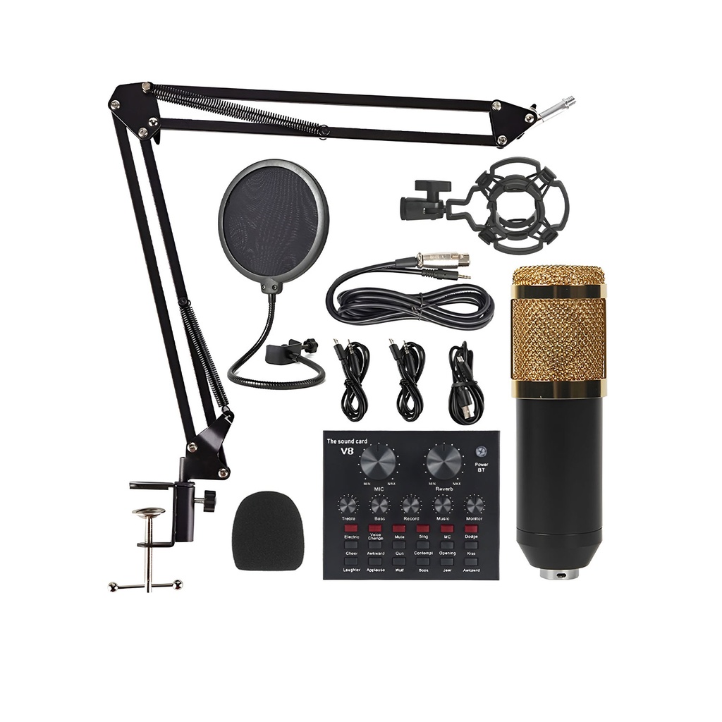 [01490] V8 Bm-800 Podcast Mic Set With Live Sound Card,condenser Microphone With Rechargeable 12 Kinds Of Auxiliary Background For Karaoke Singing, Youtube Recording Mic