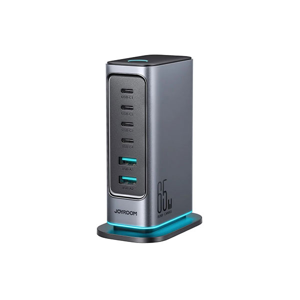 [01869] Joyroom Tcm02 65w 6 Port Eu Plug Usb Desktop Charger Gan Fast Charging Station Hub