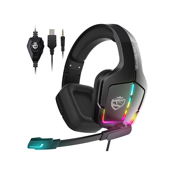 [01558] Soulbytes S12 PS4 PS5 PC Xbox One Switch with Microphone Dynamic RGB LED Effect 3.5mm Wired Stereo Bass Over Ear Mic Gaming Headphones